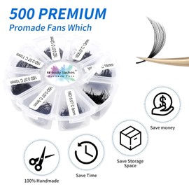 Ready-to-Use Fan Eyelash Extension, 16D, Pack of 500, 13-20 mm, 0.07 mm, D Curl, Ready Volume Eyelashes, Fans, Premade Volume Fans Russian Eyelash Extension (500-16D-0,07-D-13-20)