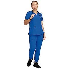 STAT MEDICAL WEAR Women Scrub Set, V-Neck Top with 3 Pockets and Drawstring Jogger Pant with 5 Pockets - 100210, XL, Royal Blue