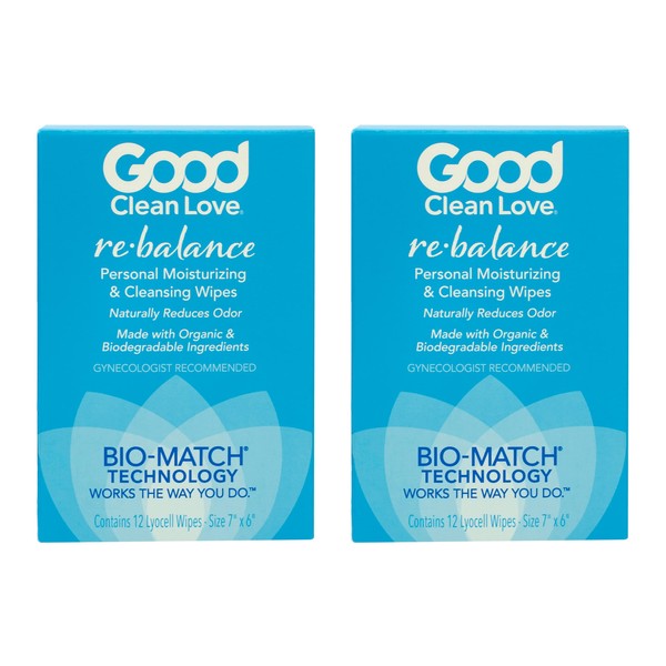 Good Clean Love Rebalance Personal Moisturizing & Cleansing Wipes, Naturally Reduces Odor & Supports Vaginal Health, pH-Balanced Feminine Hygiene Product, 24 Biodegradable Wipes