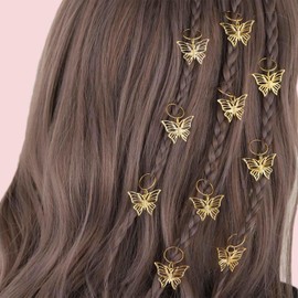 Dervivea Bohemia Butterfly Hair Clip Dreadlock Braid Rings Dreadlock Hair Rings Clips Butterfly Braid Hair Hoops Hair Decoration Hip Hop Hair Rings Accessories Headdress 10 Pcs(Gold Butterfly)