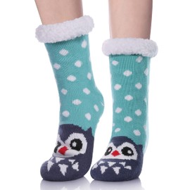 LANLEO Fuzzy Slipper Socks For Women with Grippers Winter Warm Thick Plush Fleece Lining Non Slip Christmas Home Socks Blue Owl