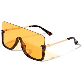Star Stud Semi Rimless Flat Top One piece Shield Lens Rectangular Sunglasses (Orange Demi)
