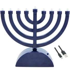 Blue Mini Electric Classic Menorah, Classic Hanukkah Menorah, 7.3" Inch LED Travel Menora, Batteries or USB Powered, Micro USB 4' Ft. Cable Included