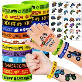 72 PCS Monster Truck Party Favors – 48 PCS Temporary Tattoos & 24 PCS Silicone Bracelets for Kids Birthday, Classroom Rewards, Carnival Prizes, Goodie Bag Fillers