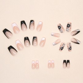 Spring Press on Nails Short Coffin Fake Nails with Flower Designs Black White French Nails Press ons Glossy Glue on Nails Cute Acrylic Nails Nude False Nails Summer Stick on Nails for Women 24Pcs