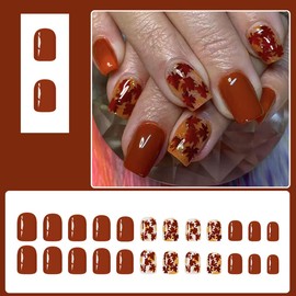 24 Pcs Fall Press on Nails Short Square,ZWENJIE Brown Red Fake Nails Press ons Nail Kit Tips with Maple Leaf Thanksgiving Design Full Cover Acrylic Glossy False Nails Glue on Nails for Women Manicure
