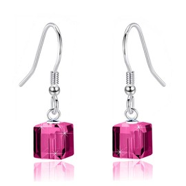Austrian Crystal Cube Drop Dangle Earrings for Women Fashion 14K Gold Plated Hypoallergenic Jewelry (Fuchsia)