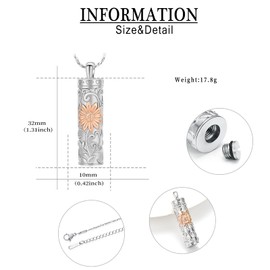 AIWENXI Sunflower Urn Necklace for Ashes Memorial Urn Cremation Jewellery Cylinder Bar Stainless Steel Human/Pet Ash Keepsake Lover Ash Holder Pendant for Men Women, Stainless Steel