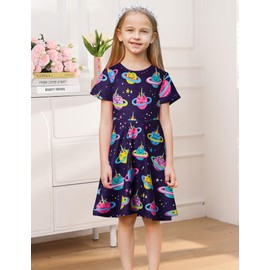 RAISEVERN Little Girls Dress Space Galaxy Planet Casual Short Sleeve Sundress Kids Swing Twirly Midi Summer Dresses Size 7