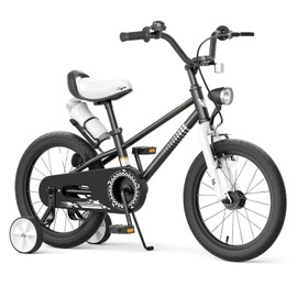 67i Boys Toddler Bike with Training Wheels, 12/14/16 Inch, Adjustable Handlebar & Seat, Bell, Water Bottle Cage, Reflective Stripes & Front Light - Bicycle for Kids 3-8 Years Old (Black, 16 inch)