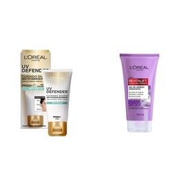 LOreal Paris bloqueador solar FPS 50  UV Defender anti - brillo, 40ml  Gel Limpiador Facial Revitalift Ácido Hialurónico, 150 ml                      