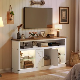 YATINEY Farmhouse TV Stand for 65 Inch, Entertainment Center with Sensor LED Light, Media TV Console Table with Storage Cabinet and Glass Shelves, for Living Room, Bedroom, White and Walnut DS06WN