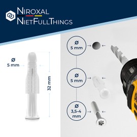 5 mm Dowel Set - Universal Dowels PE Plastic - 1500 Pieces - for Concrete, Plasterboard & Masonry