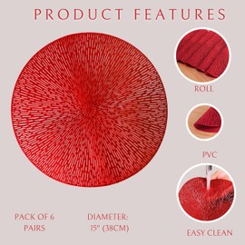 Snowkingdom Red Placemats Set of 6, Round Vinyl Metallic Hollow 15'' Place mats, Washable Wipeable Non Slip Stain Heat Resistant Dinning Table Mats for Valentine's Day Wedding Party Decoration