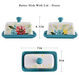 Ceramic Butter Dish with Lid, Wisenvoy Hand Painted Flower Design Butter Keeper with Handle For Kitchen Storage & Decor or Gift Idea, Jade Green