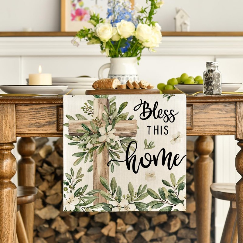 Artoid Mode Cross Olive Leaves Spring Table Runner,Seasonal Summer Easter