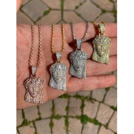 HarlemBling Solid 925 Sterling Silver Iced Out Jesus Piece Pendant - Men's - Comes W. 2mm Italy Rope Chain! Icy Baguette CZ Medium Size 1" (18, Yellow Gold Finish)