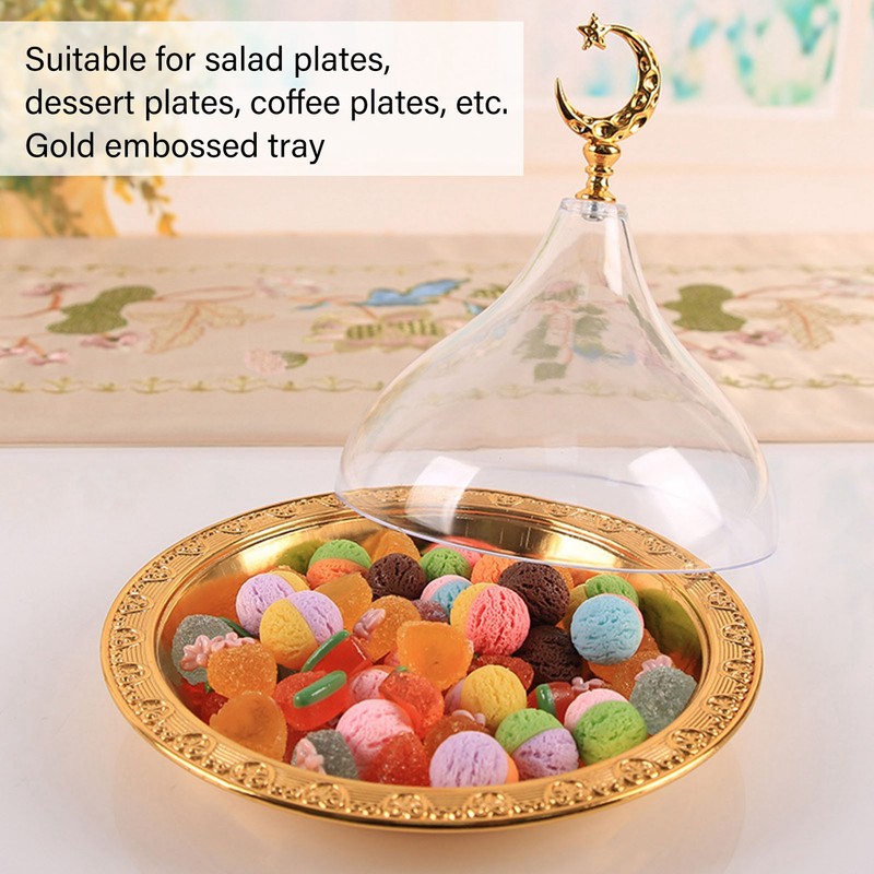 Serving Plate with Dome Golden Embossed Patterns Stainless Steel Acrylic