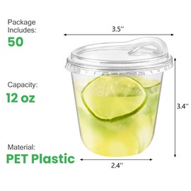 Qeirudu 12 Oz Clear Plastic Cups with Strawless Sip Lids, 50 Pack Disposable Iced Coffee Cups Round Bottom To Go Cups for Cold Drinks, Smoothie, Juice, Milkshake