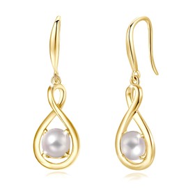 FANCIME White Pearl Dangle Drop Earrings 925 Sterling Silver Yellow Gold Plated Dainty Infinity June Birthstone Earring Fine Jewelry Birthday Gifts for Her Women