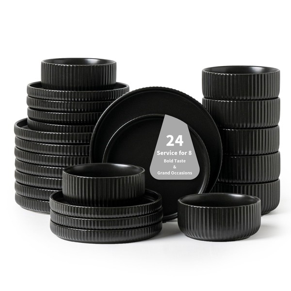 FOBENTA 24 Piece Dinnerware Set,Bold Black Dish Set with Plates