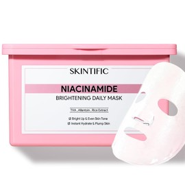 SKINTIFIC Mascarilla Facial Aclaradora con Niacinamida y Ácido Tranexámico, 30 Piezas | Mascarilla para Manchas y Brillo Instantáneo, Hidratación Profunda con Extracto de Arroz, Tratamiento Diario de 10 Minutos