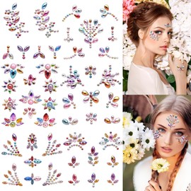 Face Gems Stickers Women Diamond Forehead Sticker Colorful Rhinestones Pearl Flowers Butterfly Decoration Birthday Festival Party Self-Adhesive Body DIY Art Decals 6 Sheets