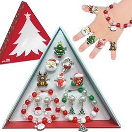 Christmas Stocking Stuffers Jewel Rings for Kids, Holiday Dress Up Jewelry Set - Rings, Bracelets, Clip-On Earrings for Girls in Christmas Tree Gift Box, Christmas Gift for Girls Age 3 4 5 6 7 8