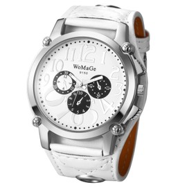 Lancardo Men Leather Cuff Watch: Large Dial Analog Quartz Black Wide Strap Steampunk Motorcycle White Wristwatch Luminous Hands