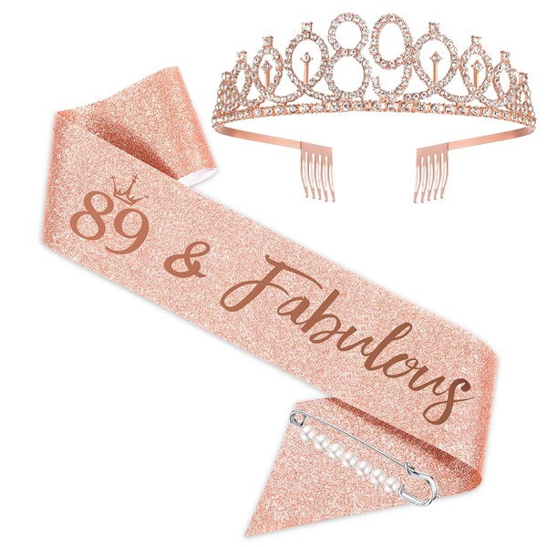 BRT Bearingshui 89th Birthday Sash and Tiara for Woman, Rose