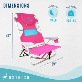 Ostrich On-Your-Back Outdoor Lounge 5-Position Reclining Beach Lake Chair and Ladies Comfort On-Your-Back Backpack Beach Chair, Pink