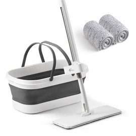 Oshang Flat Mop and Collapsible Bucket OG7 with Wheels, 2 Washable Reusable Microfiber Pads, Pure White