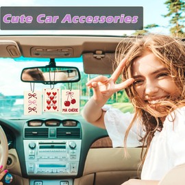 Dipyquk Cute Preppy Cherry Car Air Freshener Hanging 3Pcs, Retro Love Poker Coquette Bow Cherry Air Freshener for Cars Closet Drawer or Books, Cute Girly Car Accessories Mirror Decor for Women