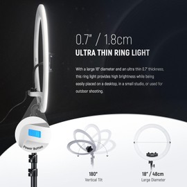 NEEWER Professional Ring Light with Stand and Phone Holder, 18 inch Ultra Thin, 45W 2900K-7000K TLCI98, Remote Shutter & App Control, Softer Lighting for Makeup Live Stream TikTok, RP18B Pro White