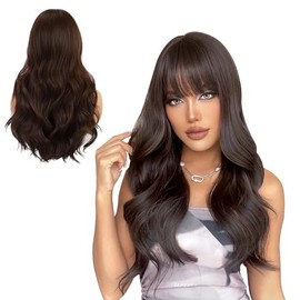 Pelucas para Mujer, Peluca Ondulada Rizada con Flequillo, Pelo Esponjoso, Ideal para Fiestas, Halloween, Juegos de Rol, Fiestas y Cualquier Otra Escena (Marrón Oscuro, 66cm)