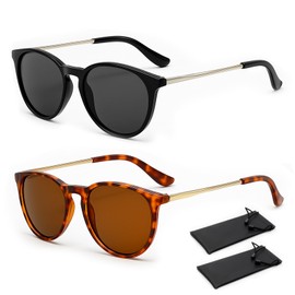 HRCOYES 2 Pairs Polarised Sunglasses for Women, Vintage Round Sunglasses with 2 storage bags, Ladies Classic Retro Eyewear with UV400 Protection for Driving Travel