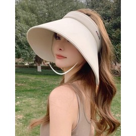 Women's Sun Visor Hats UV Protection Wide Brim Beach Sun Hat Fodable Adjustable Cap Ponytail Summer Travel Hat Gray