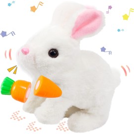 Rabbit Cuddly Toys Small - Electronic Interactive Pet Bouncing Sounds and Ears and Nose Move, Children's Birthday Gifts for Girls 3 4 5 6 7 8 Years (White)