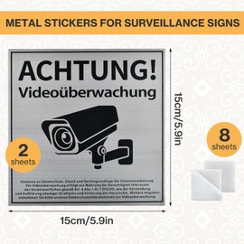 TIMESETL Video Surveillance Sign 15 x 15 cm Aluminium Warning Video Surveillance Sign, 3 mm Camera Surveillance Sign, Camera Surveillance Warning Sign with 8 Stickers