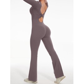 Wenlia Women's Workout Flare Jumpsuit Square Neck Long Sleeve Twist Back Cutout Bodycon Gym Outfit Playsuit Tea Leaf S