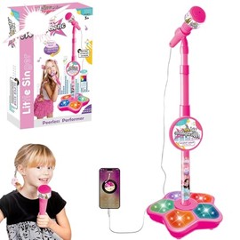 Micrófono para Niños con Soporte, Karaoke para Niños con luz y Cable MP3, Se Puede conectar al teléfono móvil, Altura Ajustable, Juguetes de Canto par