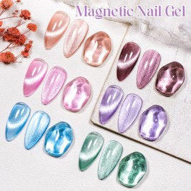 MEET ACROSS Magnetic Gel Polish, Cat Eye Gel Nail Polish With Base & Top Coat Magnetic Stick, Soak Off UV LED Cat Eye Gel Polish Manicure Nail Art Gift Kit - Cateye Gel Nail