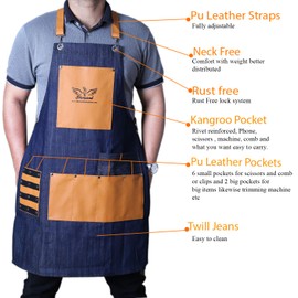 Barber Apron for Men & Women Heavy Duty Denim & Non-Waxed Canvas – Adjustable Cross-Back Straps, Tool Pockets, for Hairdressers, Baristas, Bartenders & Salon Use (M to XXL) by sharpend