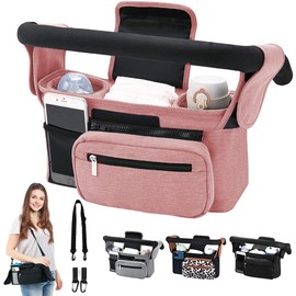 HINATAA Buggy Pram Organiser, Baby Pram Bag with 2 Drink Holders, Buggy Organiser Children's Trolley with Shoulder Strap & 2 x Secure Hooks, Pushchair Accessories with Zip Pocket (Pink)