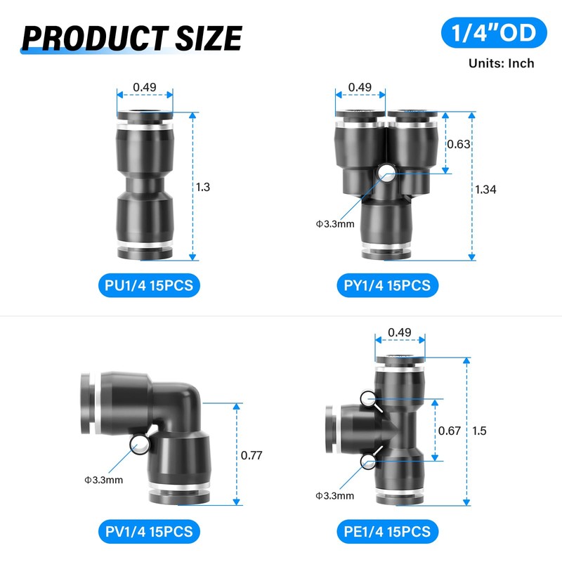 TAILONZ PNEUMATIC Black 1/4 Inch od Push to Connect Fittings