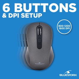 Bluestork - Kabellose Maus, wiederaufladbar, leise, USB-Empfänger, 2,5 GHz, kabellose Maus, 6 Tasten, ergonomisches Design, 800 – 1600 DPI, kompatibel mit PC, Mac, Laptop – 2023 (Grau)