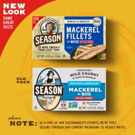 Season Mackerel in Water - Skinless & Boneless, No Salt Added, Wild Caught, Keto Snacks, Canned Mackerel Fillets, Full of Vitamins, Low in Mercury, Kosher, Non-GMO, 20g of Protein - 4.37 Oz, 12-Pack
