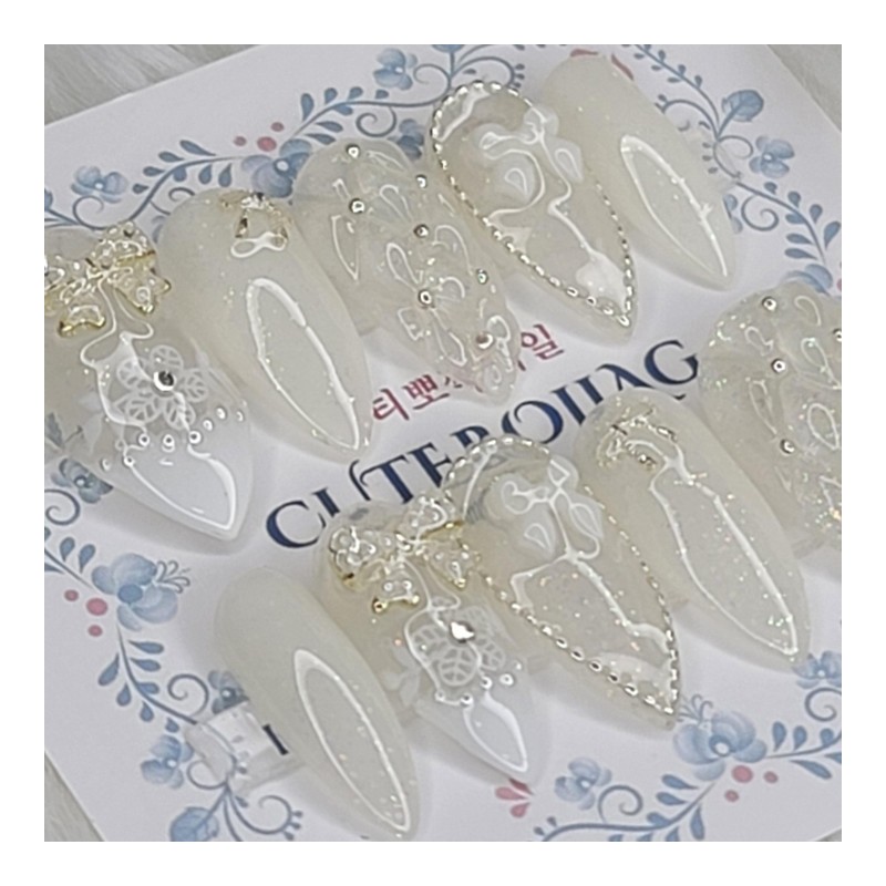 Wedding emboss handmade nail tips - Almond S / 웨딩
