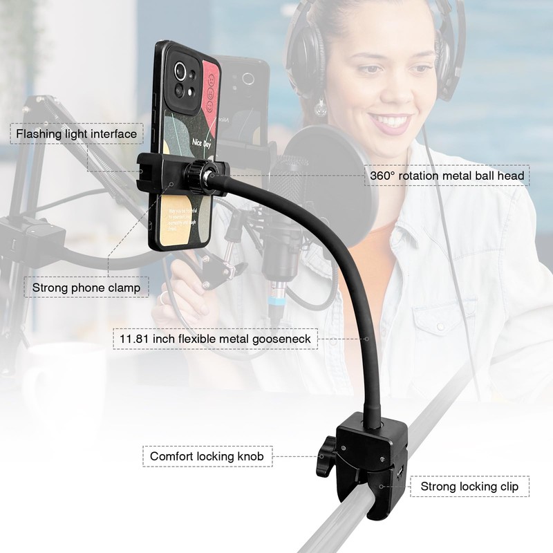 Clip Phone Holder for Desk,Pole,Pipe,Boom,Flat Surface with Adjustable Aluminium Arm