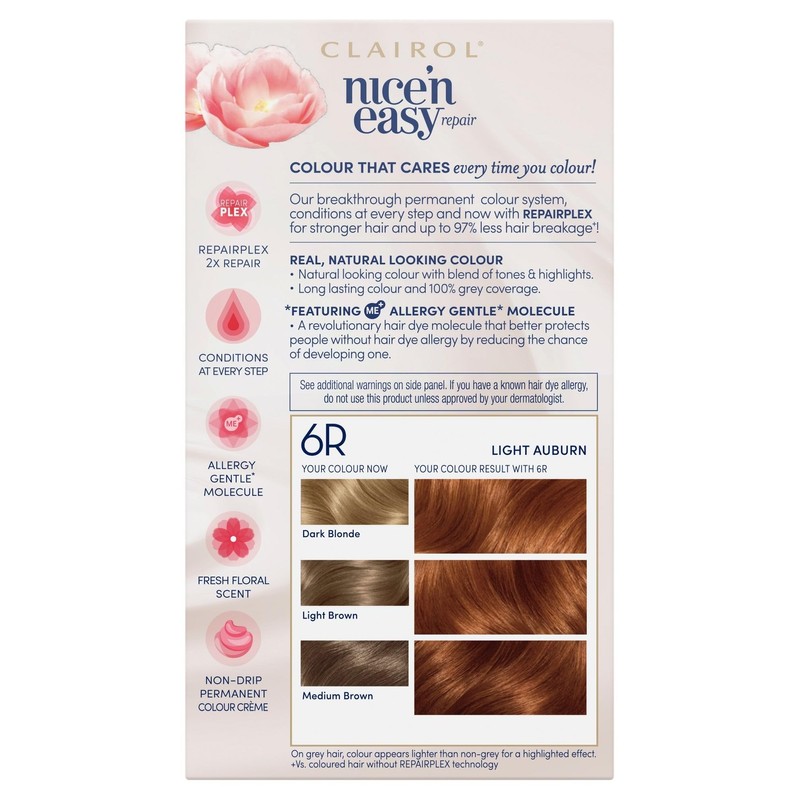 Clairol Nice'n Easy Repair Permanent Hair Colour, 6R Light Auburn,